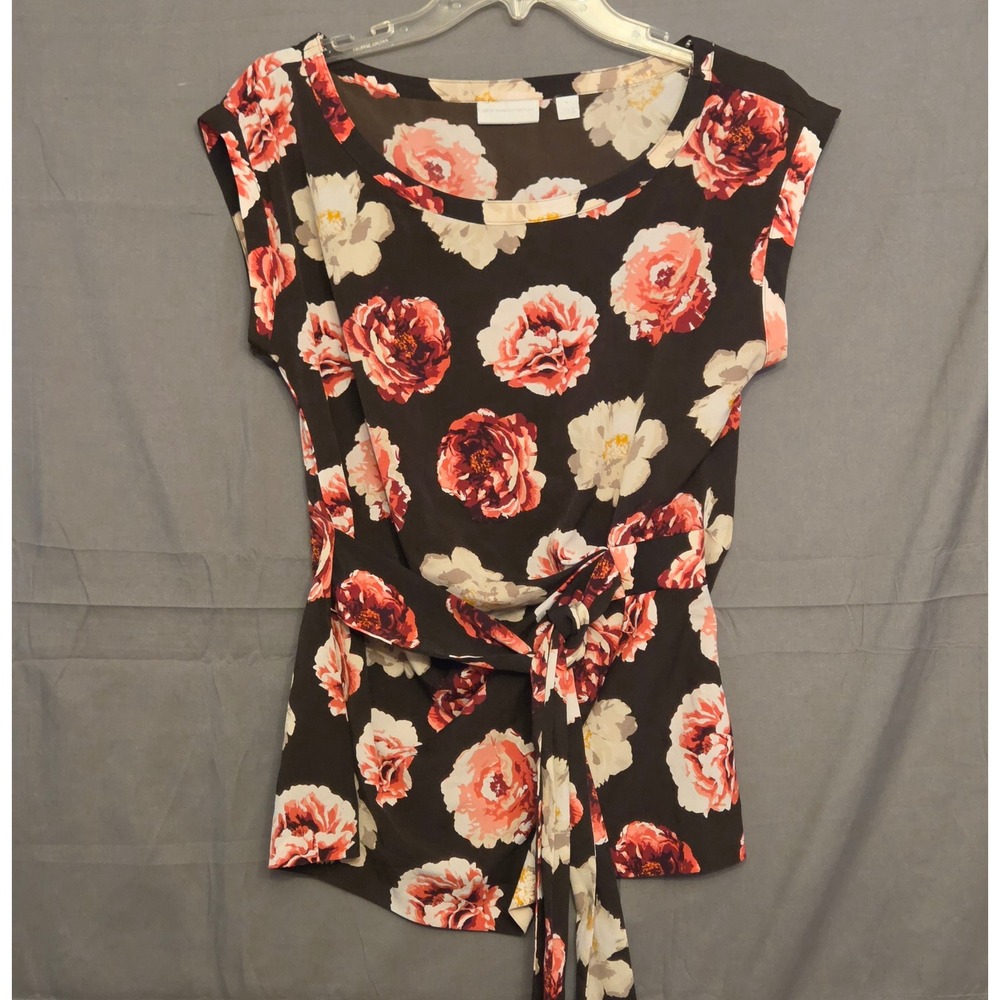 New York & Company Floral‎ Cap Sleeve Draped Side Ruched Blouse Women's Small